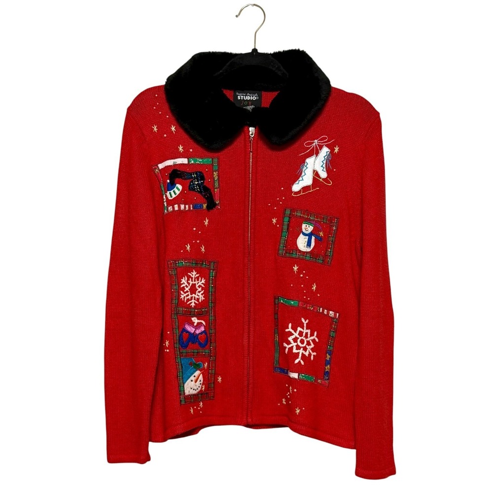 Designers‎ Originals Vintage Kitsch Christmas Zip Sweater Women Size L Y2K Cozy